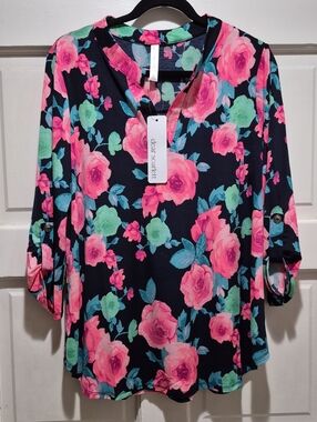 Dear Scarlett Black Floral Blouse – Pink & Teal Roses – Size Large NWT